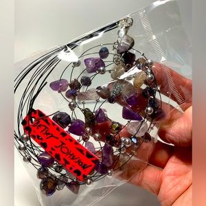 Betsey Johnson Necklace Earrings Multi Strand Purple Lilac Crystals Beads Silver